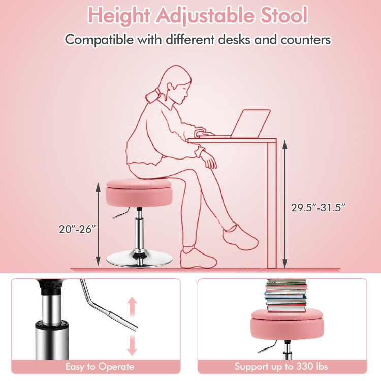 Adjustable 360° Swivel Storage Vanity Stool with Removable Tray-PinkCostway Gallery View 5 of 10